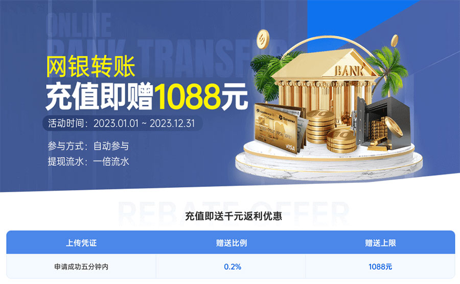 【Wvip娱乐】网银转账充值即赠1088金币(图1) T娱乐平台优惠活动